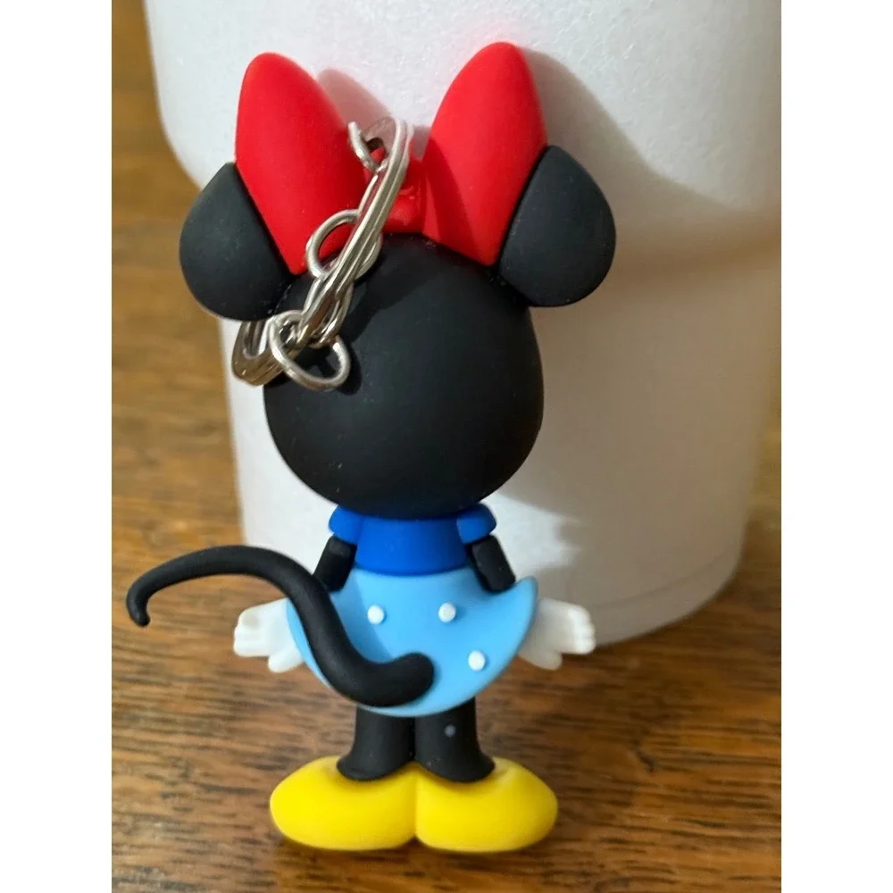 Disney Minnie Mouse Keychain Red Bow Blue Polka‎ Dot Dress 3D Rubber Figure
